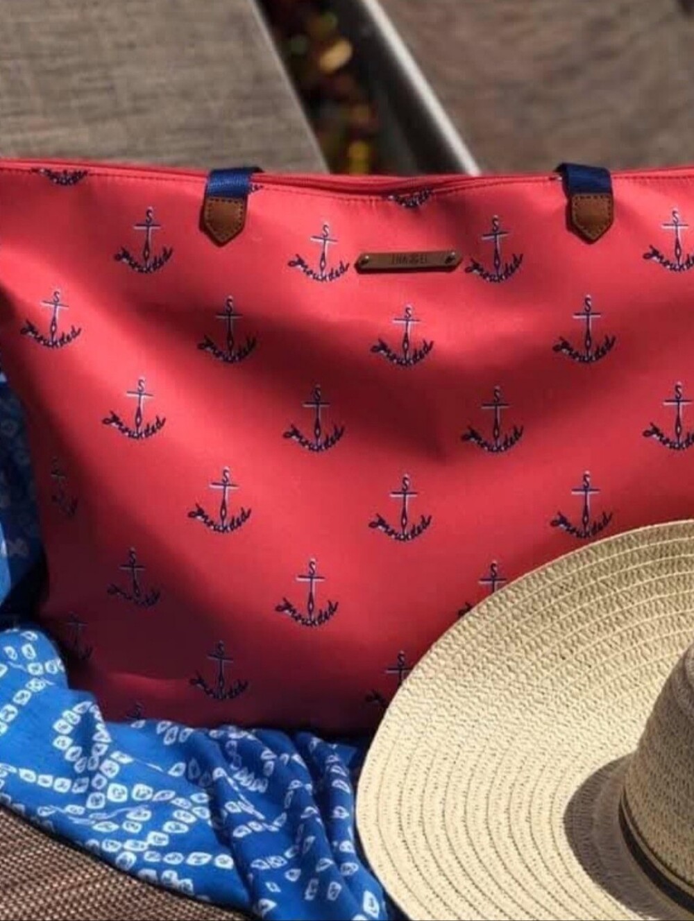 Stella & Dot Anchor Tote Bag - Dark Coral With Navy